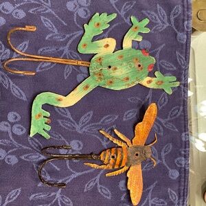 Two animal hooks one hand painted frog and bee with hooks n other side